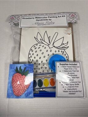 Strawberry Watercolor Painting Art Kit Handmade by Alison Galey supplies inc.